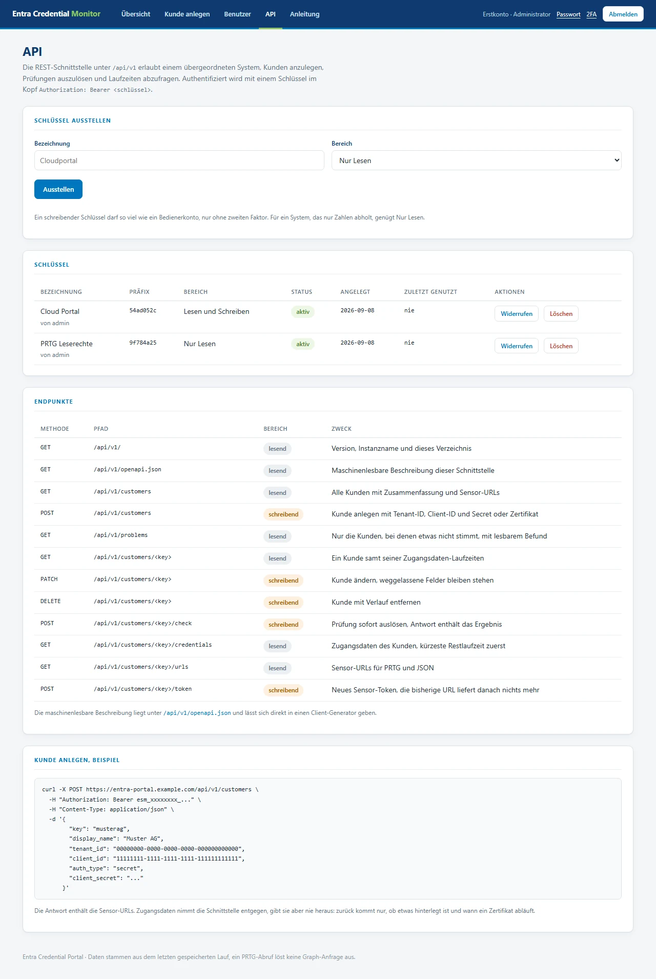 API-Seite des Portals mit Formular zum Ausstellen eines Schlüssels, Liste zweier bestehender Schlüssel mit Präfix und Bereich, sowie der Tabelle aller Endpunkte.