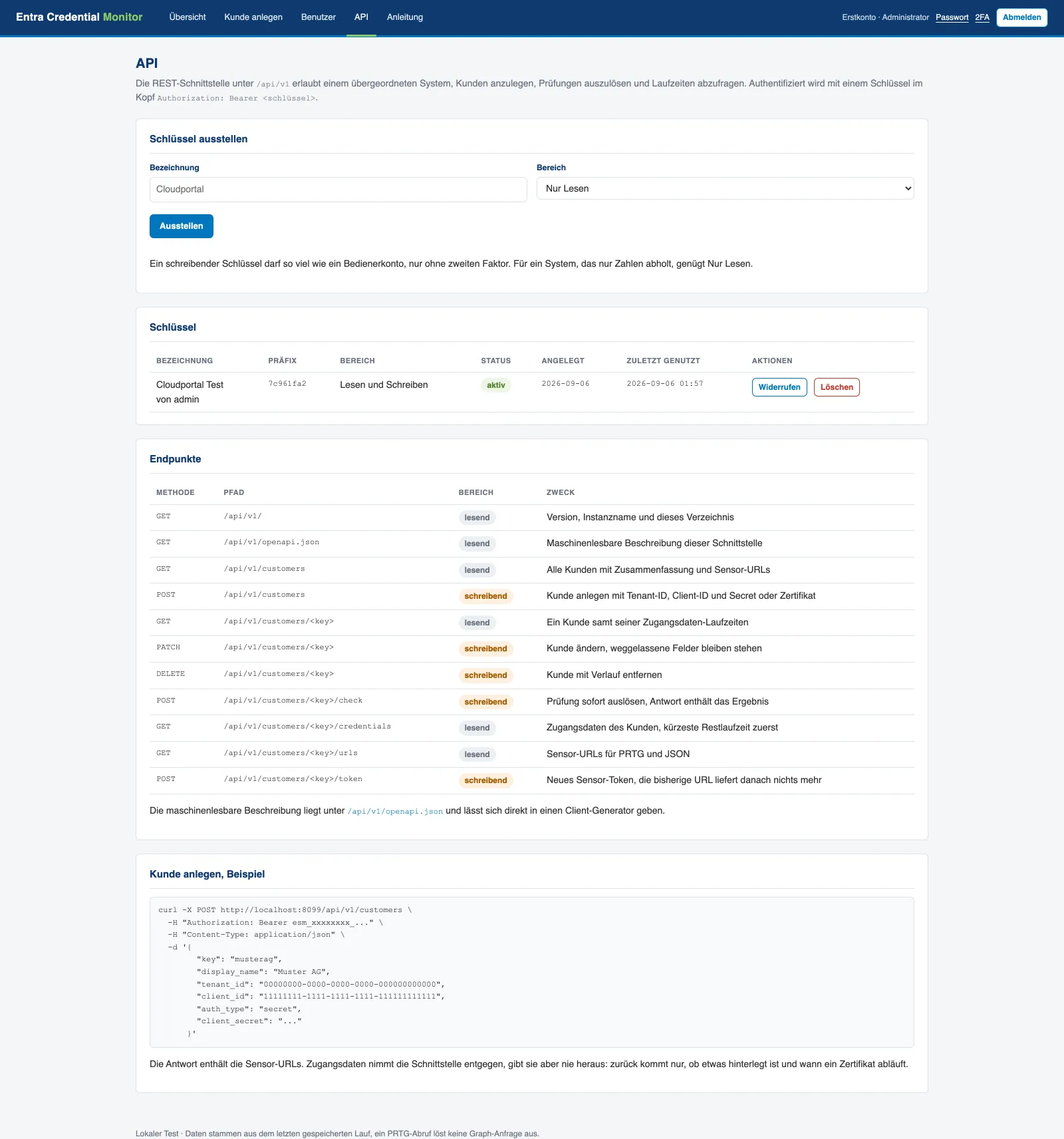Portal settings page for the API: a form to issue a key with name and scope, the list of issued keys with prefix, scope, status and last use, and a table of the eleven available endpoints with method, path, scope and purpose.