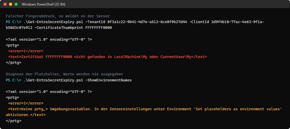PowerShell-Fenster mit zwei Fehlerausgaben: ein nicht gefundenes Zertifikat in Rot und die Diagnosemeldung zu fehlenden prtg-Umgebungsvariablen in Gelb.