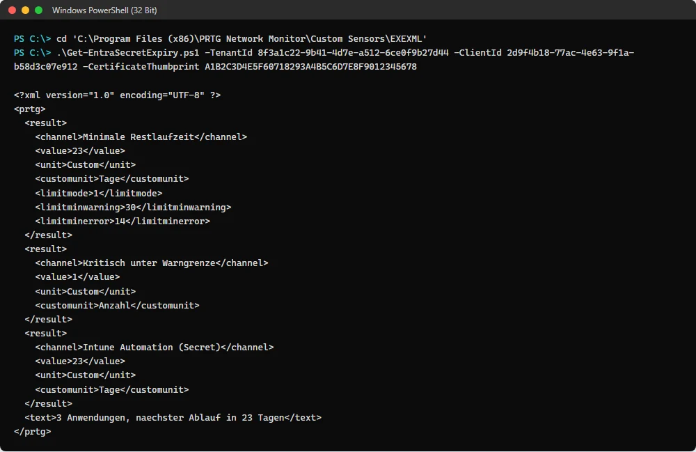PowerShell-Fenster mit dem XML des Sensors: Kanäle für minimale Restlaufzeit, kritische Credentials und eine einzelne Anwendung, plus Meldungstext.